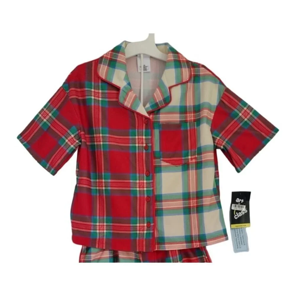 Art Class unisex Plaid Pyjama Set, Flame Resistant, Red & Green Size M (8), NWT